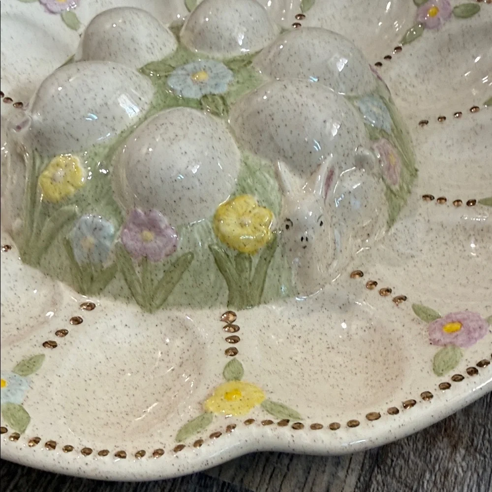 Vintage Easter Floral and Bunny Ceramic Egg Plate